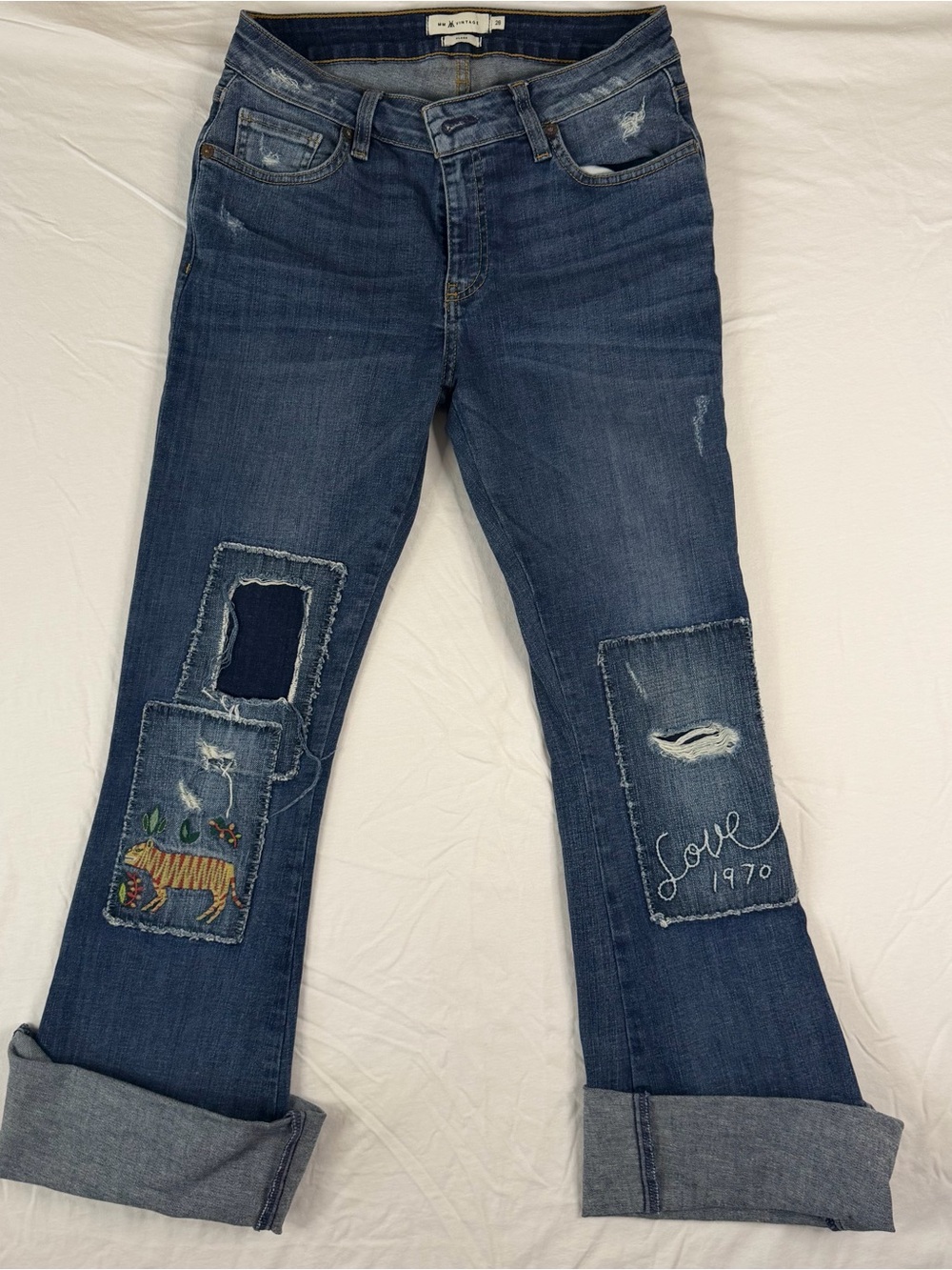 MM Vintage NYC Women's Blue Patchwork Distressed Jeans
